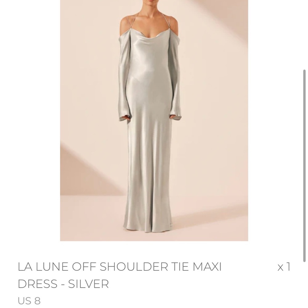 Shona Joy Silver Satin Off-Shoulder Tie Maxi Dress